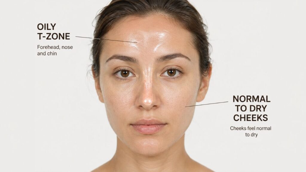 what is combination skin showing an oily T-zone and dry cheeks