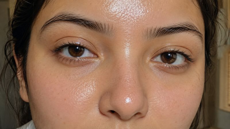combination skin with a shiny forehead and nose and normal cheeks