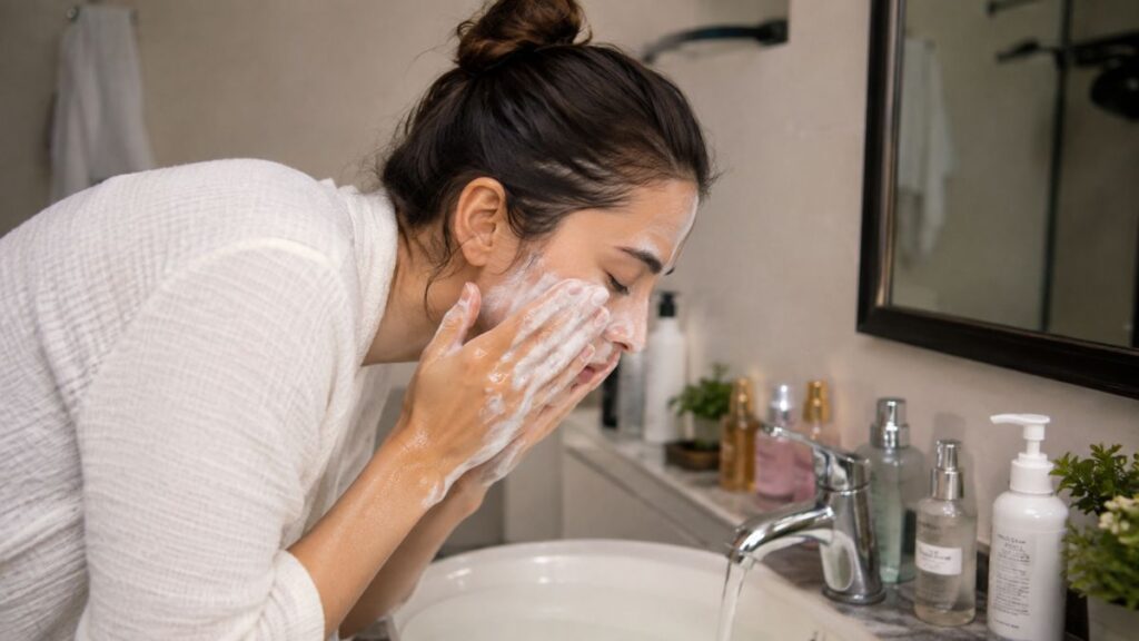 Gentle facial cleansing as part of a beginner skincare routine