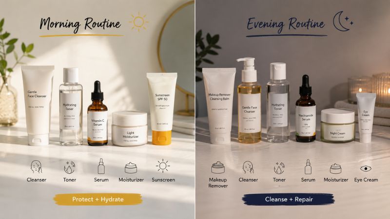 Morning and evening skincare routine products with AXIS-Y Dark Spot Serum