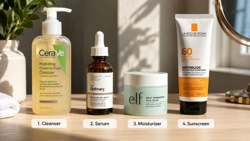 morning skincare routine with cleanser serum moisturizer and sunscreen