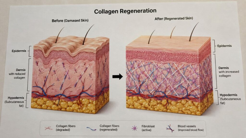 Diagram showing how PDRN stimulates skin regeneration and collagen production