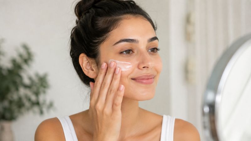 person applying lightweight skincare products for balanced-looking skin