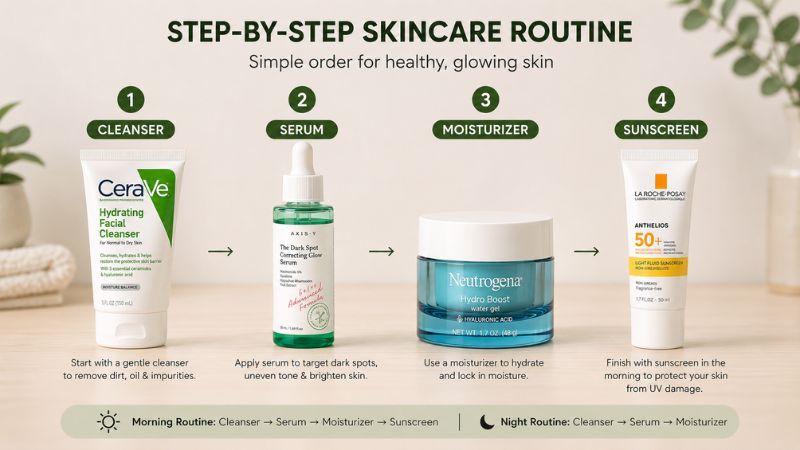 Skincare routine with cleanser serum moisturizer and sunscreen
