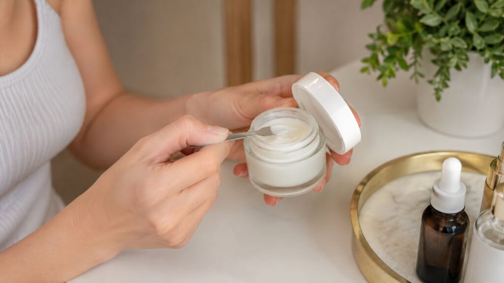 Using a skincare spatula to scoop moisturizer before closing the jar