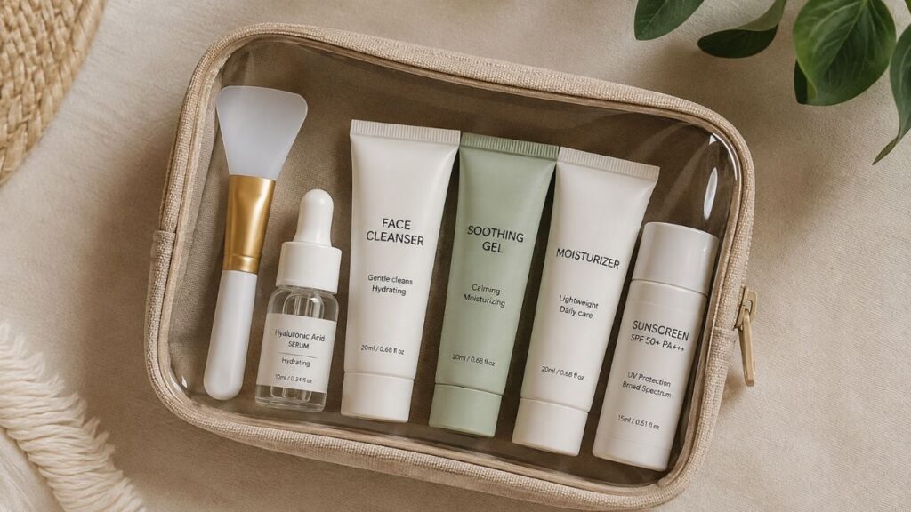 Travel case with skincare spatula and beauty essentials