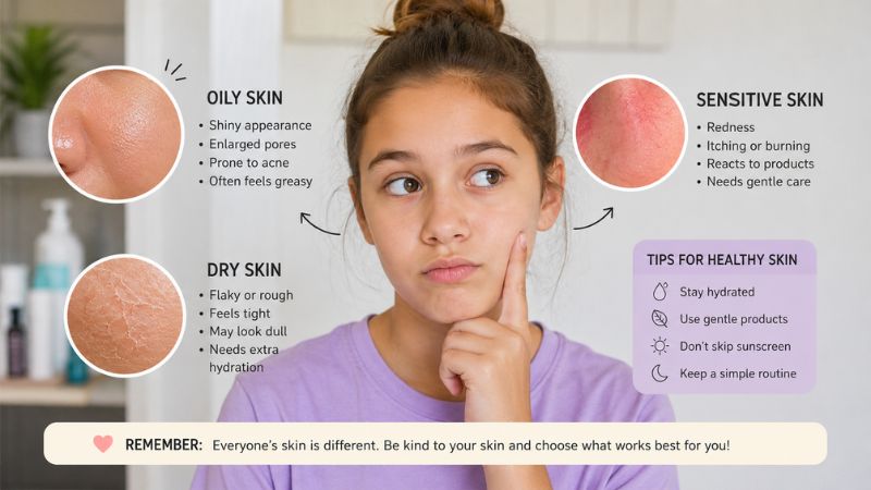 Tween skincare concerns including oily, dry, and sensitive skin types