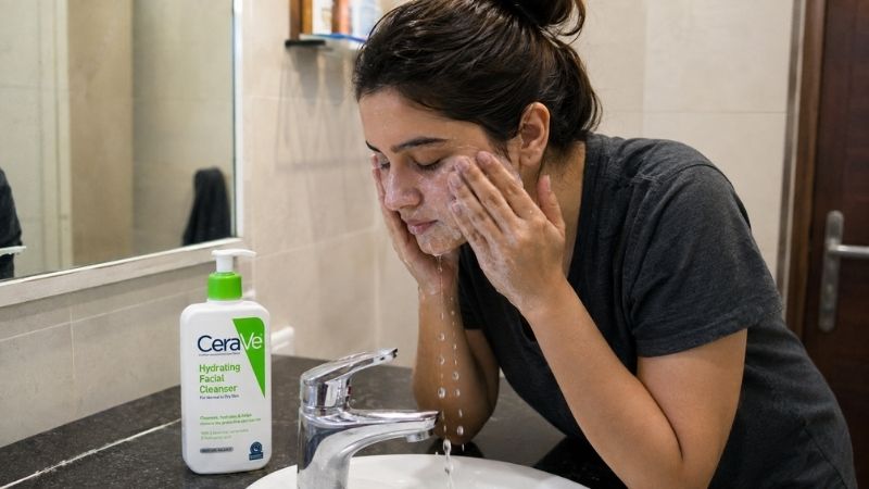 Woman gently washing her face with CeraVe cleanser