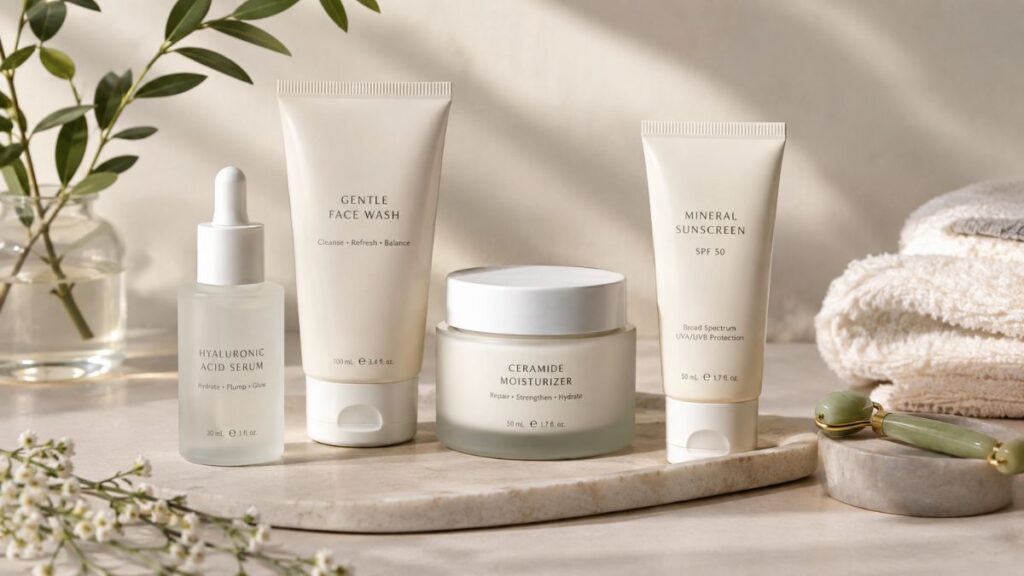 fragrance-free skincare products arranged on a clean vanity