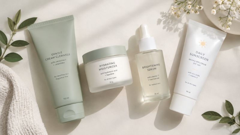 fragrance-free skincare routine with cleanser moisturizer serum and sunscreen