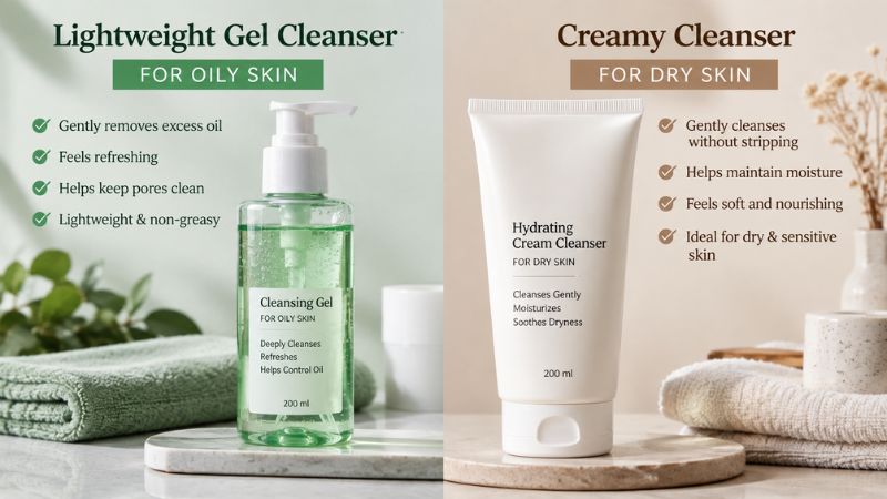 gel and cream cleansers for oily and dry facial skin