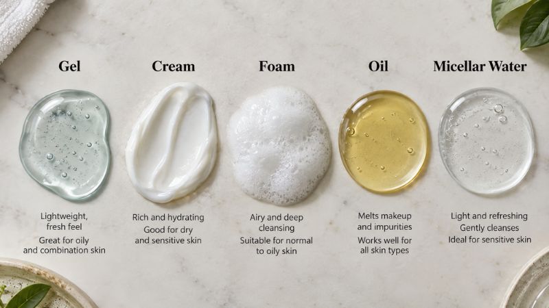 gel cream foam oil and micellar cleanser textures for different skin needs