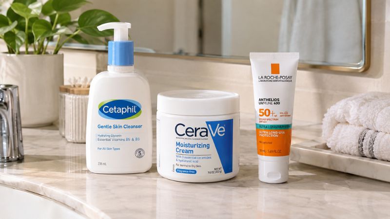 simple daily skincare routine with cleanser moisturizer and sunscreen