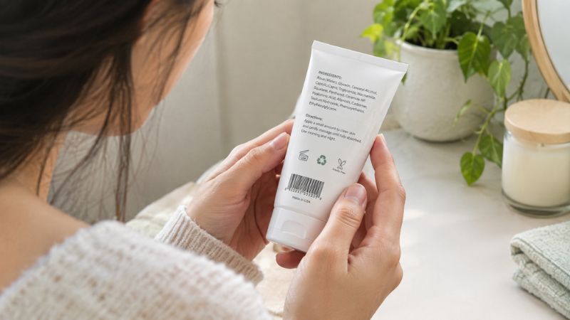 person checking skincare ingredients to identify fragrance