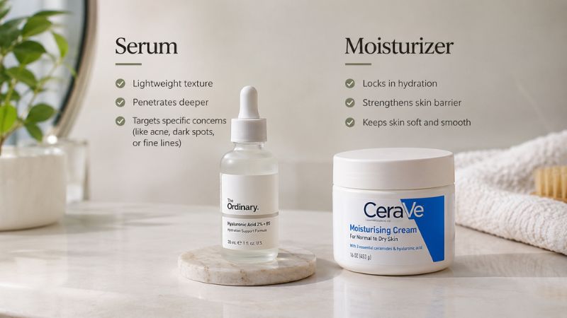 serum vs moisturizer comparison showing different skincare products