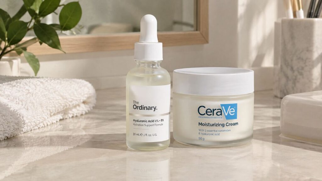 serum vs moisturizer: serum bottle and moisturizer jar on skincare counter