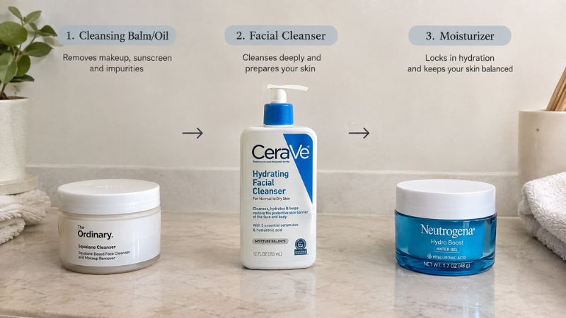simple double cleanse routine with cleansing oil and facial cleanser