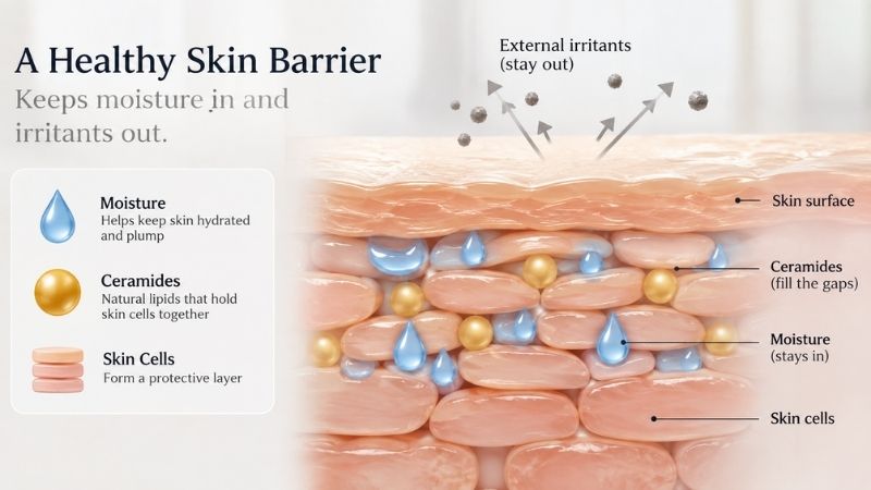 Skin barrier showing the role of ceramides and hydration