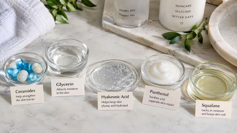skincare cleanser ingredients including ceramides glycerin and hyaluronic acid