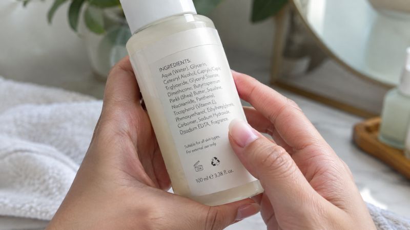 skincare product ingredient label showing fragrance-free formula