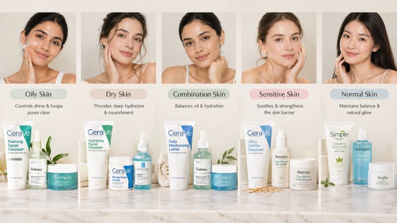 skincare products selected for dry, oily, combination, and sensitive skin