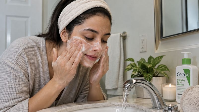 woman gently cleansing her face with a suitable facial cleanser