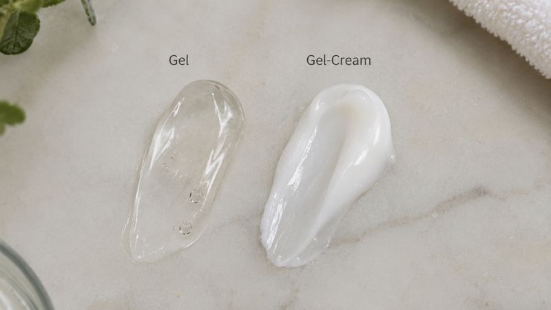 Close-up of a lightweight gel-cream texture swatch on a clean surface