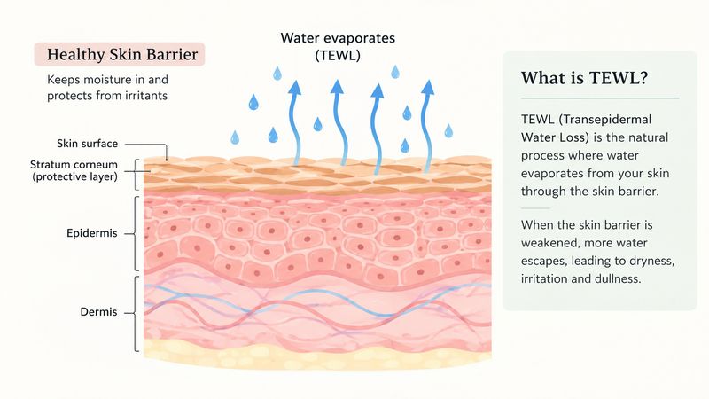 Diagram of the skin barrier showing water escaping through transepidermal water loss