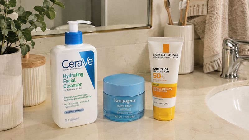 Gentle cleanser, panthenol moisturizer, and sunscreen for a sensitive skin routine.