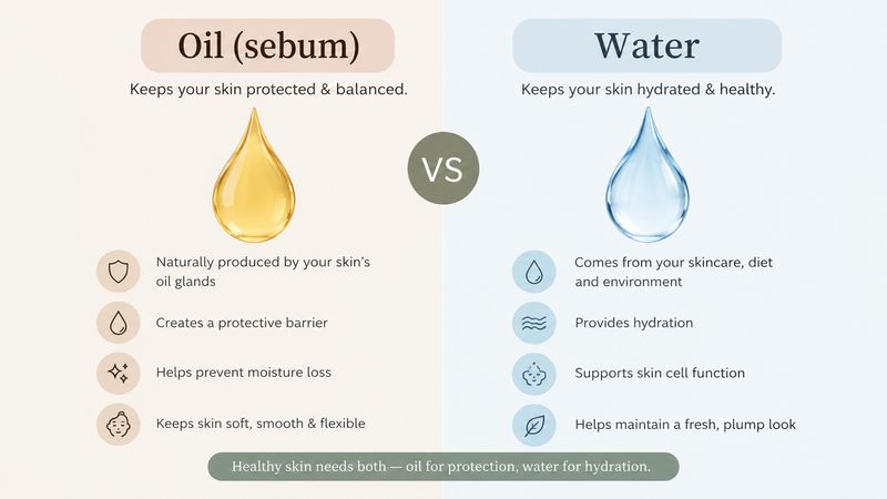 Infographic comparing oily skin caused by excess sebum with dehydrated skin lacking water