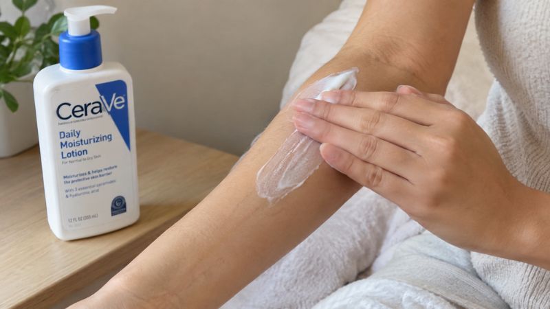 Lightweight body lotion being applied to dry body skin