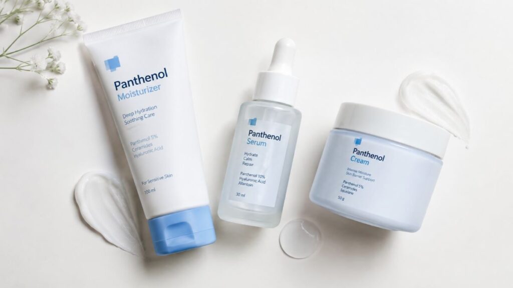 Panthenol for Sensitive Skin moisturizer and serum on a neutral background.