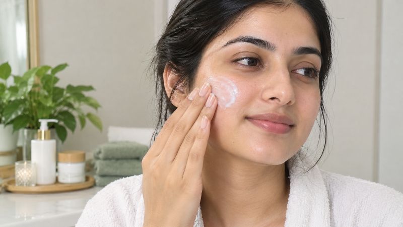 Panthenol for Sensitive Skin routine with gentle moisturizer application.