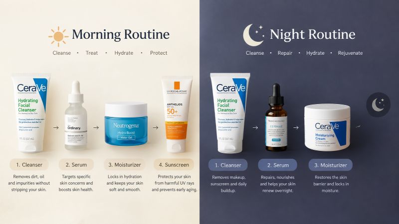 Simple morning and night skincare routine with a moisturizer for oily dehydrated skin