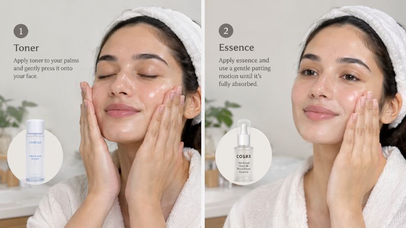 Step-by-step guide to patting essence and pressing toner into the skin