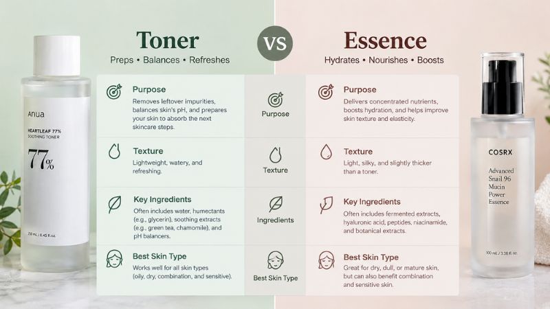 Toner vs essence: which one should you use, comparison chart of key differences