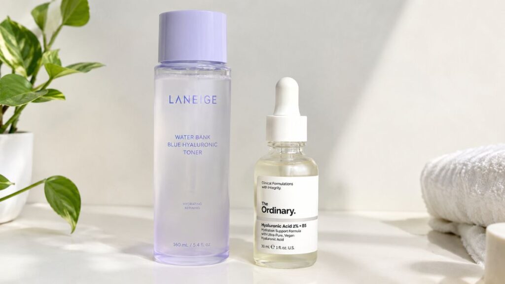 Toner vs essence: which one should you use, two skincare bottles side by side