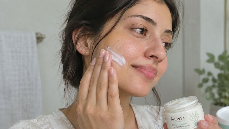 Woman applying moisturizer to dry and irritated skin.