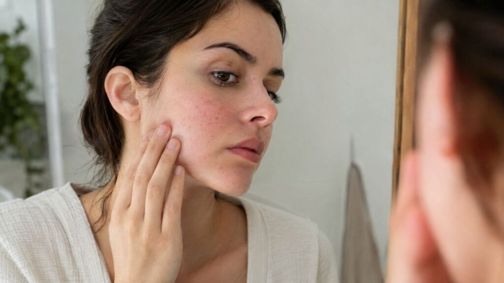 Woman noticing skincare ingredients that cause irritation on her cheek.